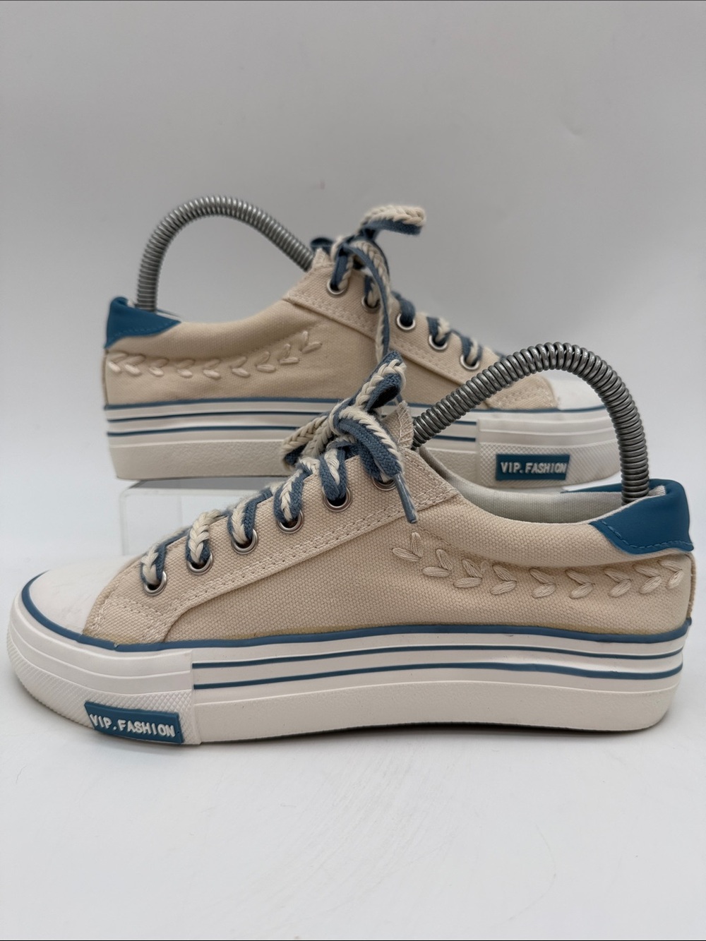 MUTUONI Canvas Platform Sneakers Beige Blue Trim EU Size 39 US Size 8.0